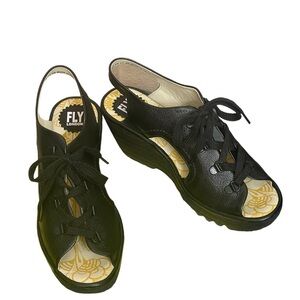 New! Fly London Ylfa Wedge Sandals Black Platform 9